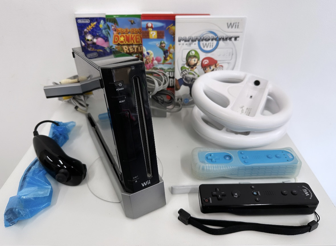 100 jpy ~*Nintendo nintendo Nintendo Wii black complete set body RVL-001 body / wii remote control /nn tea k/ steering wheel / wii soft 4 point 