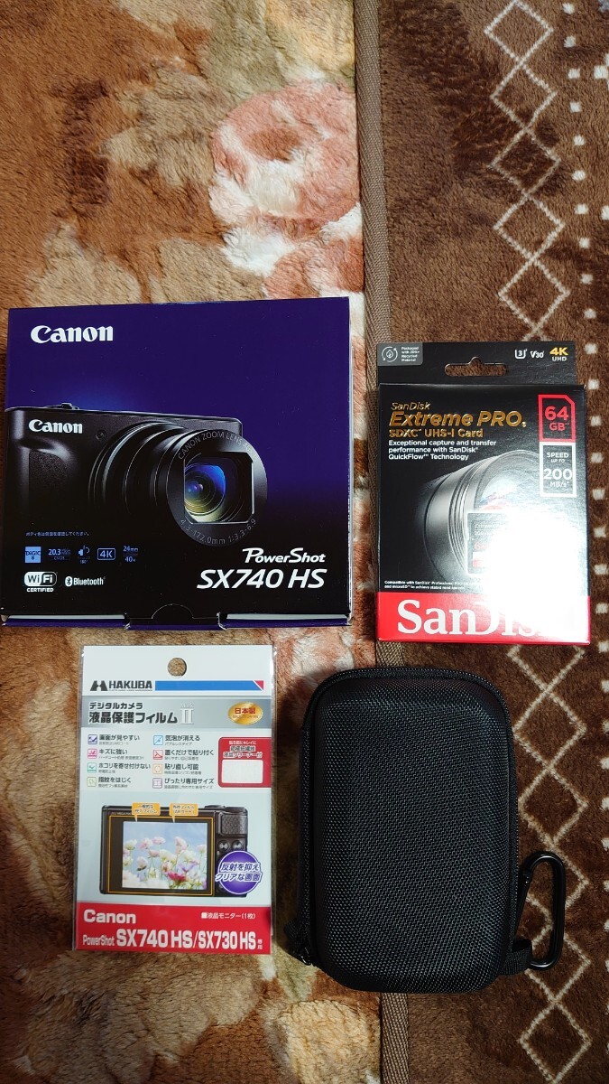 【全品新品】Canon　キャノン　 PowerShot　パワーショット SX740 HS シルバー　SDXCカード(SDカード)SanDisk 　ケース　保護フィルム_画像1