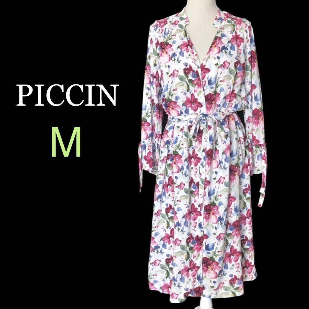 PICCIN ピッチン 花柄シャツワンピース リボン Mサイズ 長袖 ロング 薄手 フラワープリント ピンク パープル Vネック