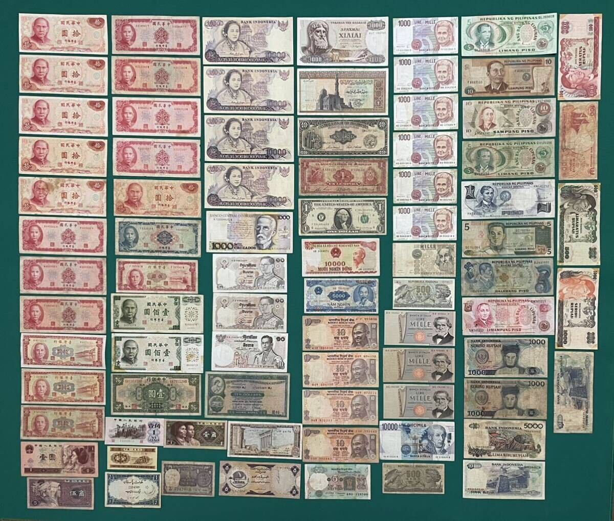 旧紙幣 世界の紙幣 外国紙幣 台湾、中国、タイ、香港、ベトナム、インド、イタリア、フィリピン紙幣など 81枚枚まとめ 大量 1円スタート_画像1