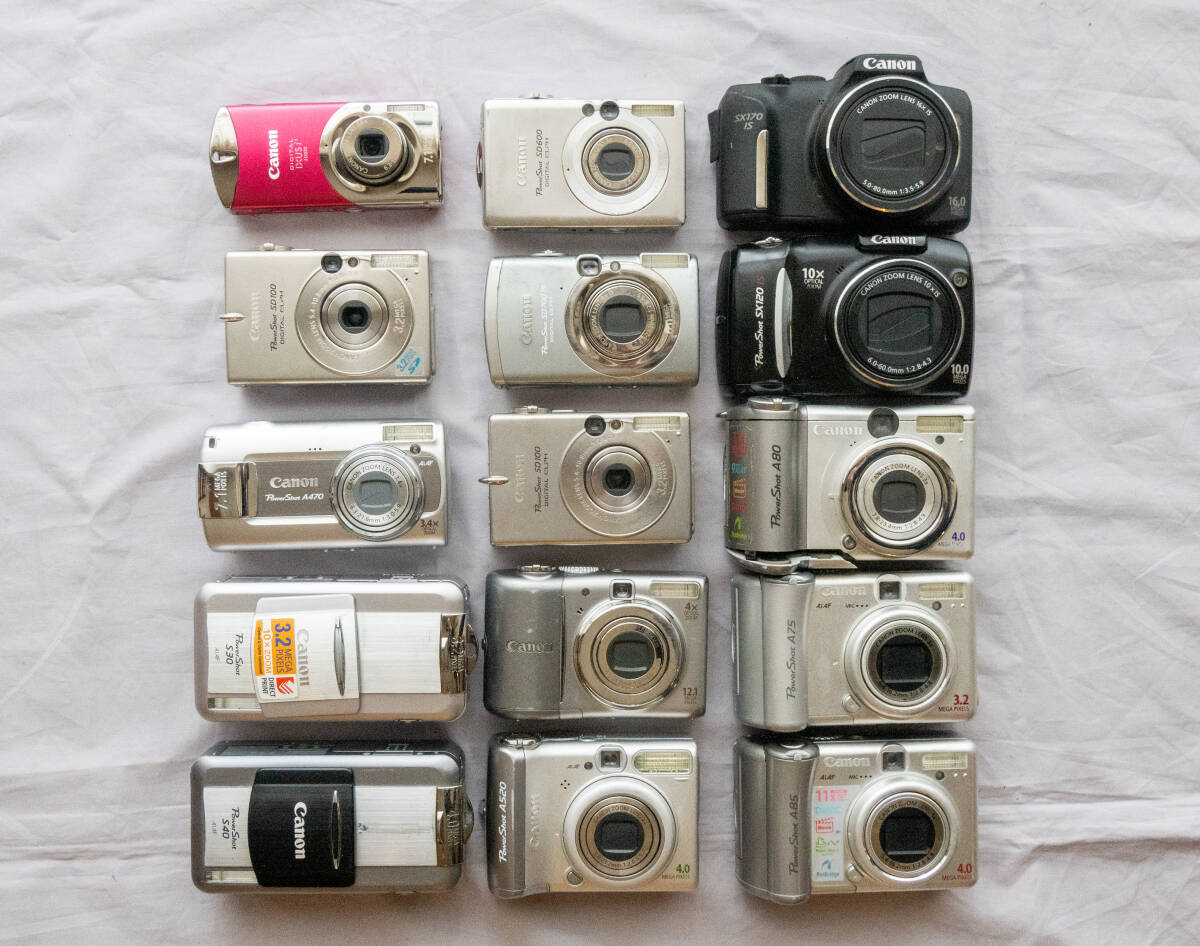 32 デジカメ ジャンク 15台 まとめ 纏め おまとめ 処分 未確認 大量 セット デジタルカメラ コンデジ 10台以上 Canon SX170 SX120 A80 など_画像2