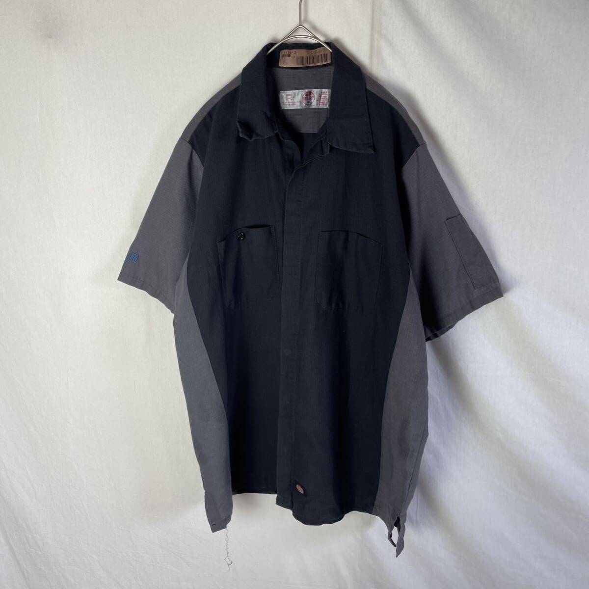 レッドキャップ　半袖ワークシャツ　オープンカラー　古着　Lサイズ　ブラック×グレー　WORKWEAR_画像1