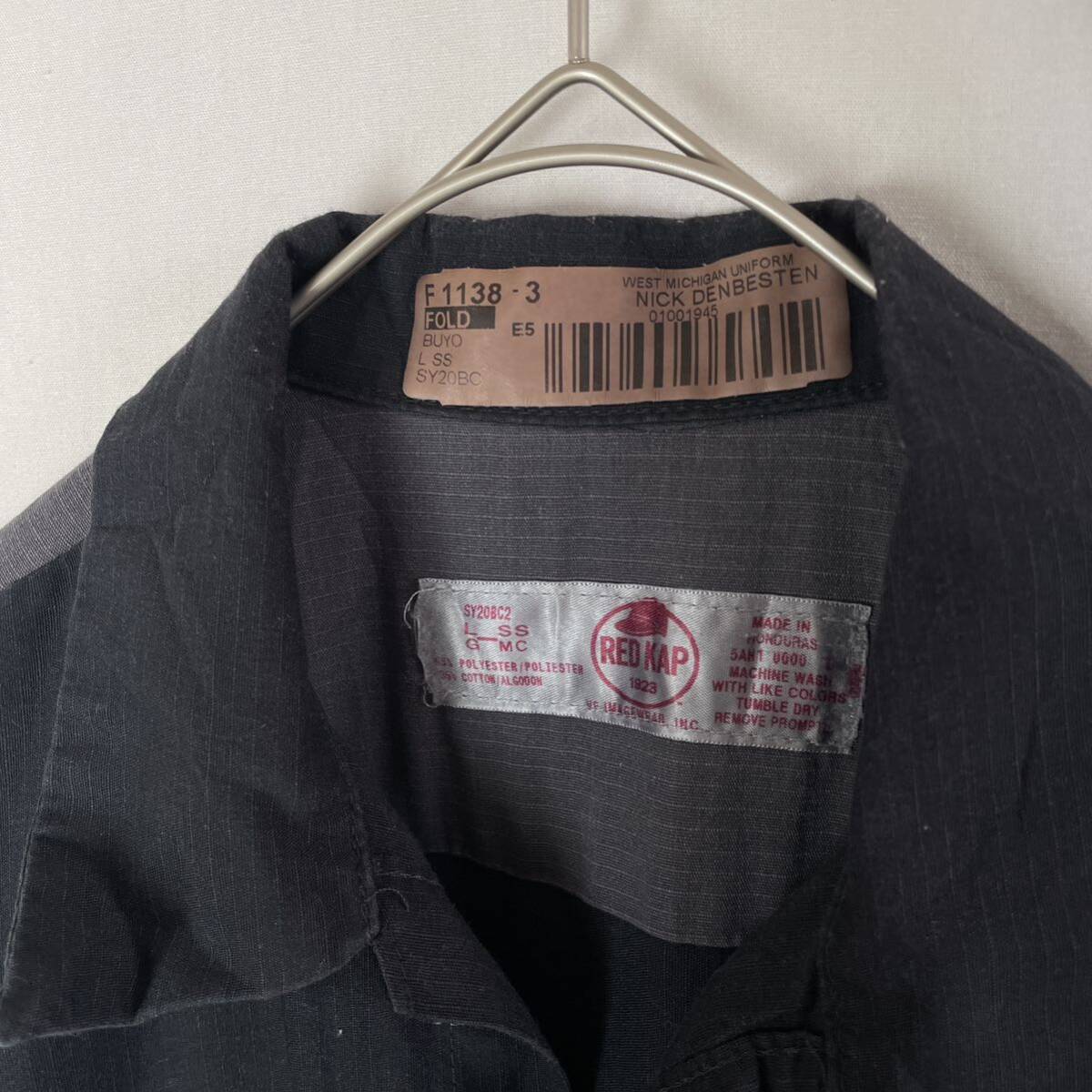 レッドキャップ　半袖ワークシャツ　オープンカラー　古着　Lサイズ　ブラック×グレー　WORKWEAR_画像3