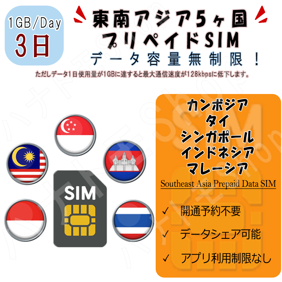 東南アジア 5ヵ国周遊SIM プリペイドSIM SIMカード データ通信SIM 1日1GB 3日プラン 4G LTE データ専用 海外出張 海外旅行_画像1