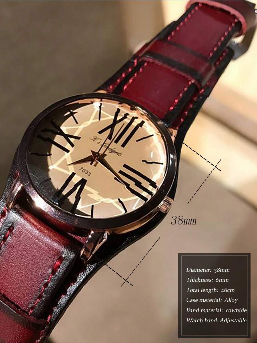 腕時計 メンズ クォーツ 1 メンズクォーツ時計、バーガンディ/ブラウンバンド付き、特大のクールなローマ数字ダイヤル、ヴィンテージ_画像6