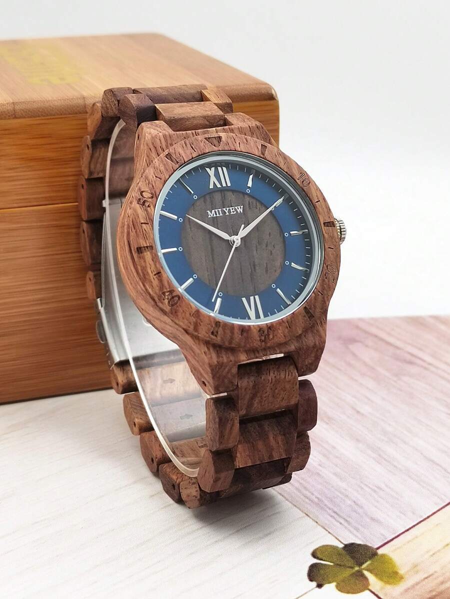 腕時計 メンズ クォーツ ローズウッド ウォッチ メンズ カジュアル 木製 深いグレー＆ネイビー色 シンプル ローマ数字 時計帯付_画像3