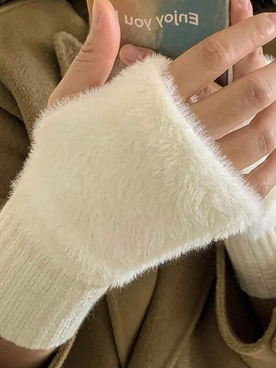 レディース アクセサリー 手袋 1 ペアミンクフリースソフト冬ハーフフィンガー手袋女性暖かい高級ソリッドホワイトぬいぐるみニット指_画像2