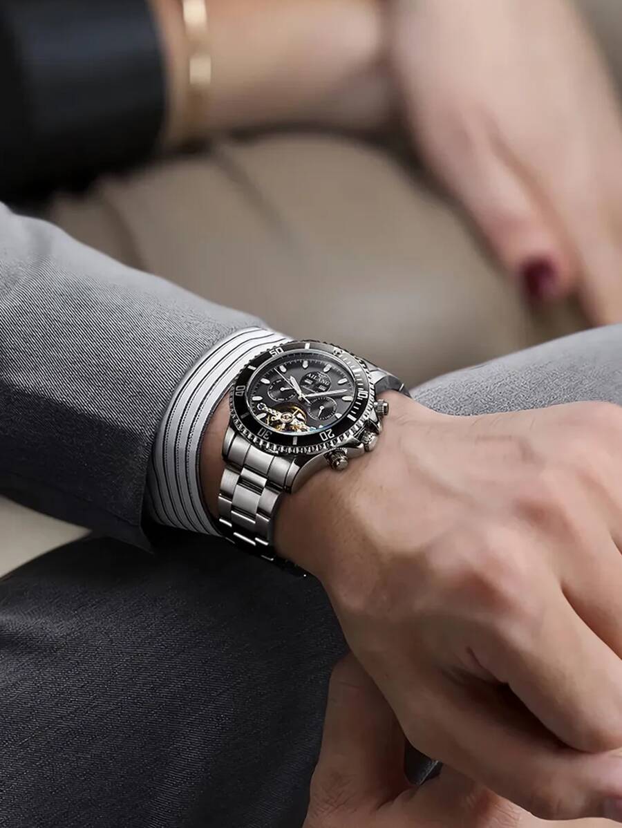 腕時計 メンズ 機械式 メンズ 腕時計 ステンレススチール製 ホロウ アウト デザイン 手巻き式 水に強い カレンダー ツアービヨ_画像3