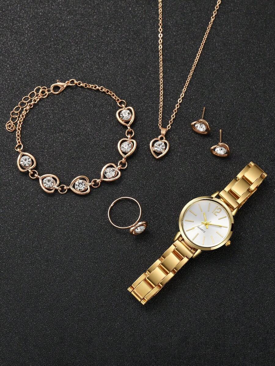 腕時計 レディース セット 女性用 石英時計 スチールベルト デジタル表示 ハート型ラインストーンアクセサリーセット 6点セット_画像4