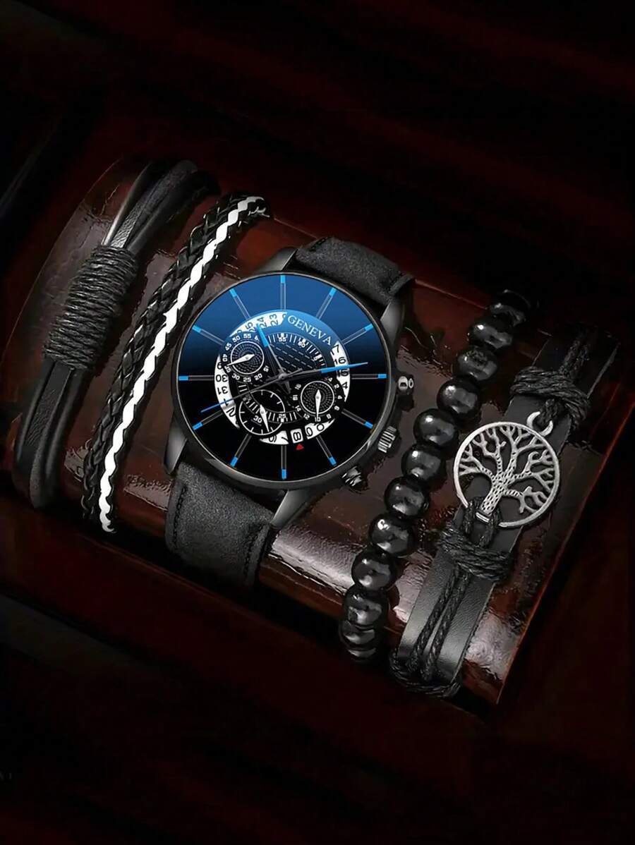 腕時計 メンズ セット ファッショナブル メンズ カレンダークォーツ時計 1個 + 生命の木編組ブレスレットセット 4個 + メン_画像1