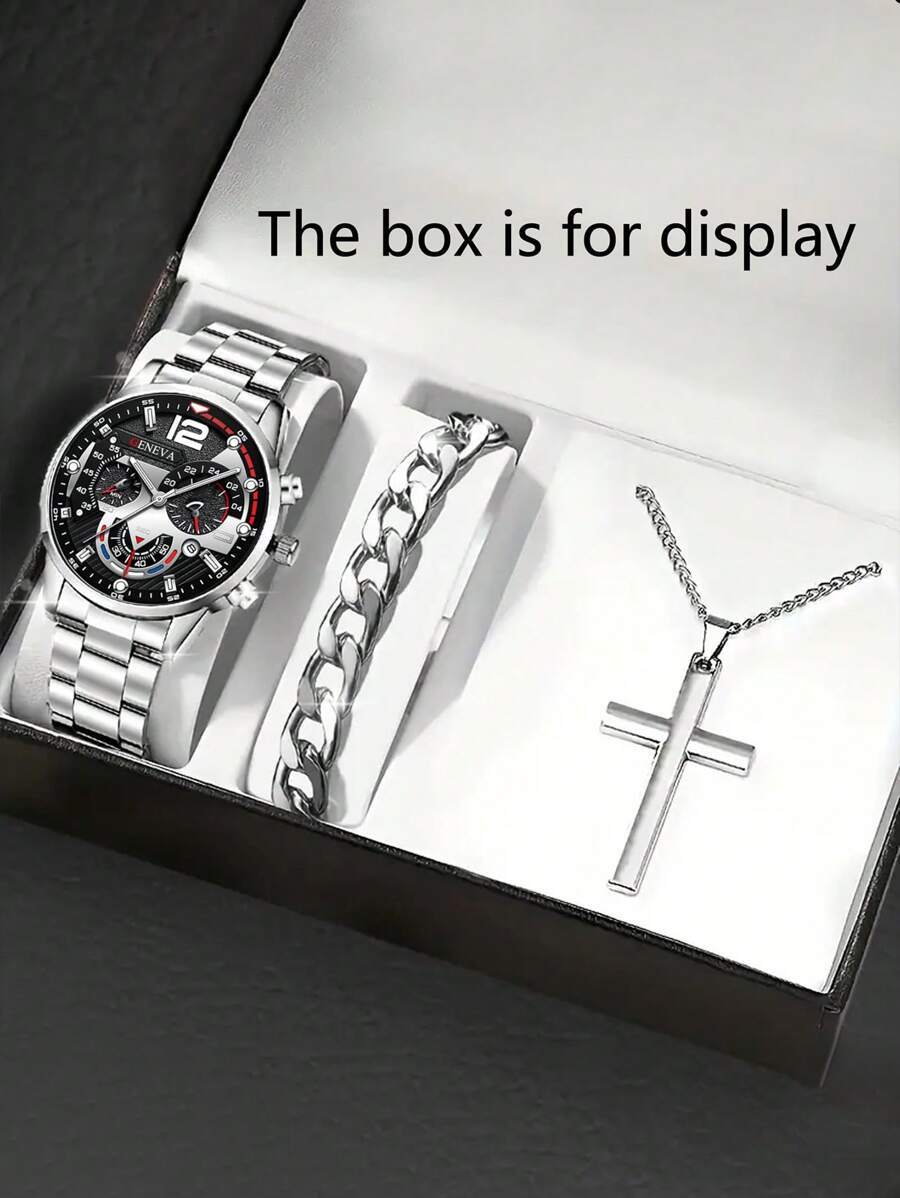 腕時計 メンズ セット メンズ時計 カレンダー付き ステンレススチール製 銀色のチェーンブレスレット及び十字架ペンダントネックレス_画像1