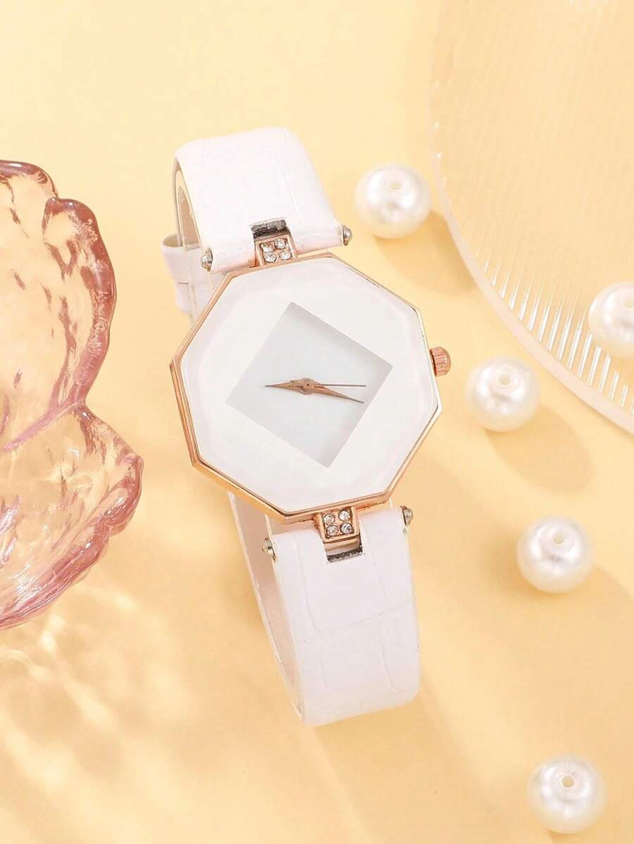 腕時計 レディース セット 1 女性のシンプルなダイヤモンド型レザーバンドクォーツ腕時計 + 5 個のダイヤモンド & クリスタル_画像3