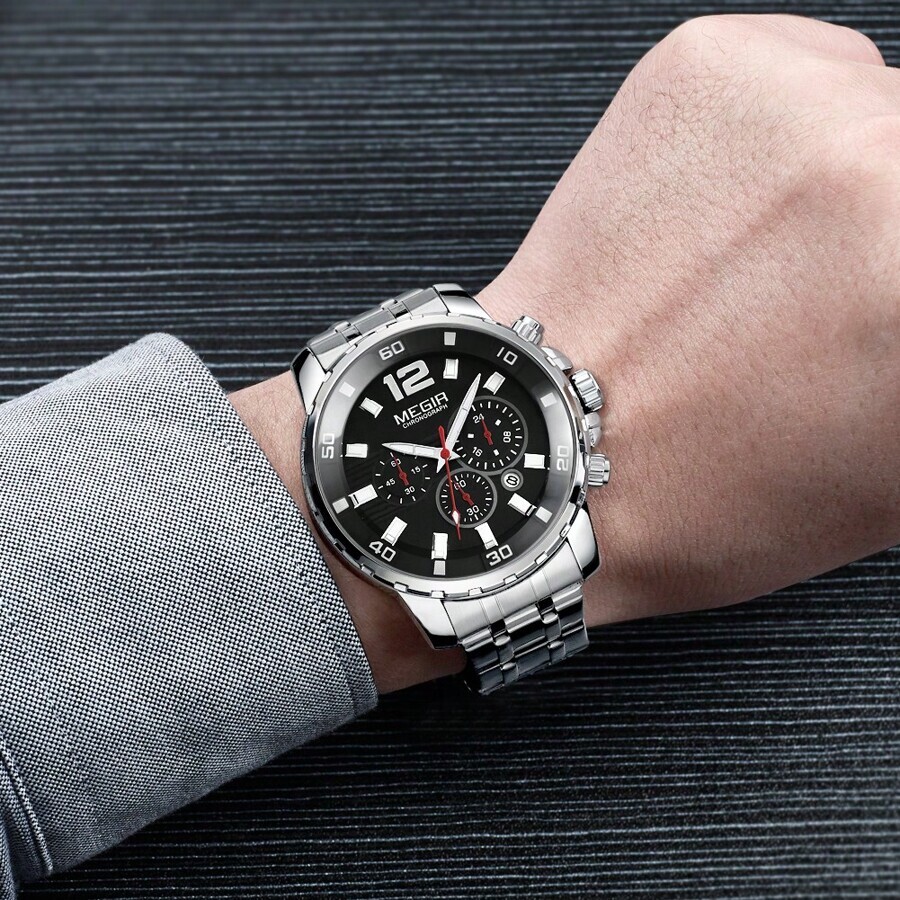 腕時計 メンズ クォーツ メンズ腕時計 クロノグラフ 3つのサブダイヤル搭載 ステンレススチール製 防水機能付き ゴージャスデザイ_画像3