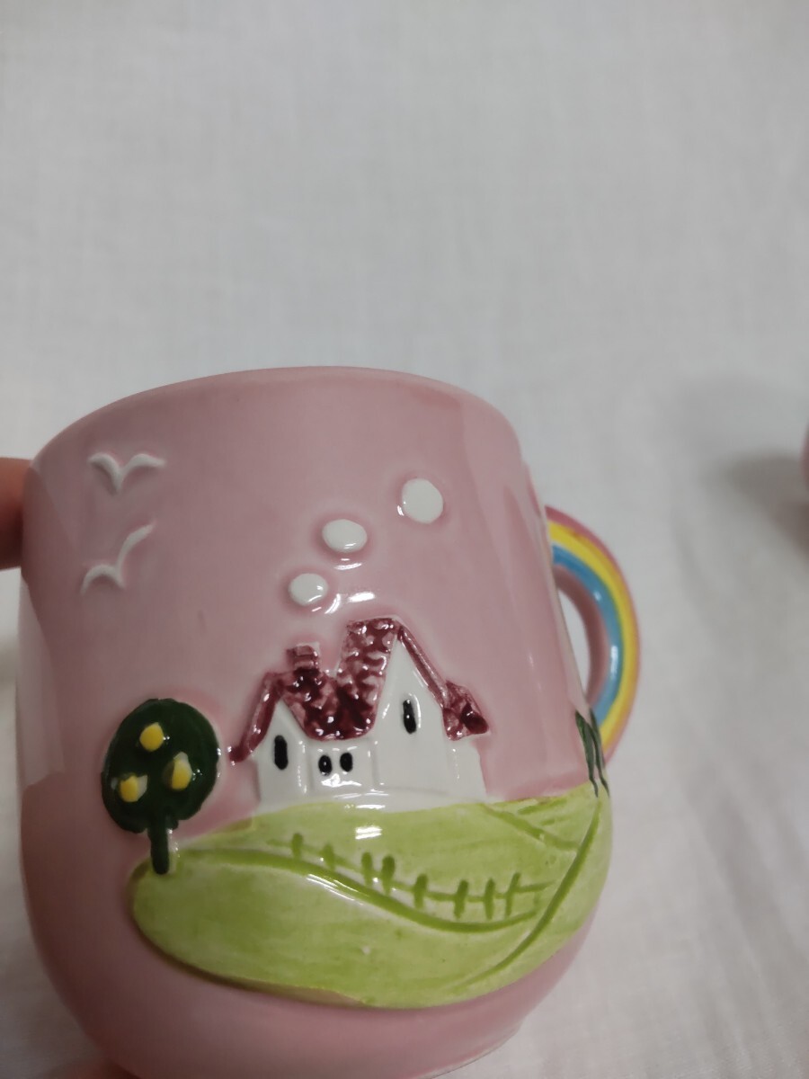  昭和 レトロ 陶器 加藤工芸 Hand painted ファンシー雑貨 ピンク マグカップ 2個セット KATO KOGEI インテリアの画像2