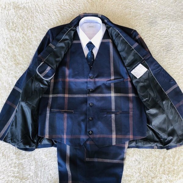 * unused * suit [ pressure volume. three-piece ] setup tailored jacket mega check 4XL navy total reverse side center Ben doh19