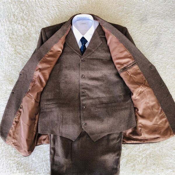 * unused * pressure volume. three-piece suit setup herringbone 2XL Brown total reverse side center Ben do tailored jacket h18