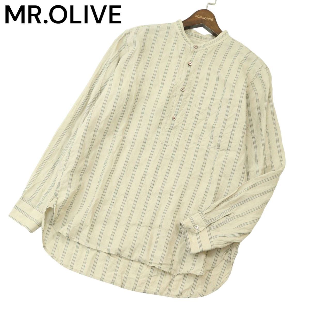 MR.OLIVE ミスターオリーブ 春夏 麻 リネン100％★ ストライプ 長袖 プルオーバー バンドカラー シャツ Sz.S　メンズ 日本製　A4T02453_3#A_画像1