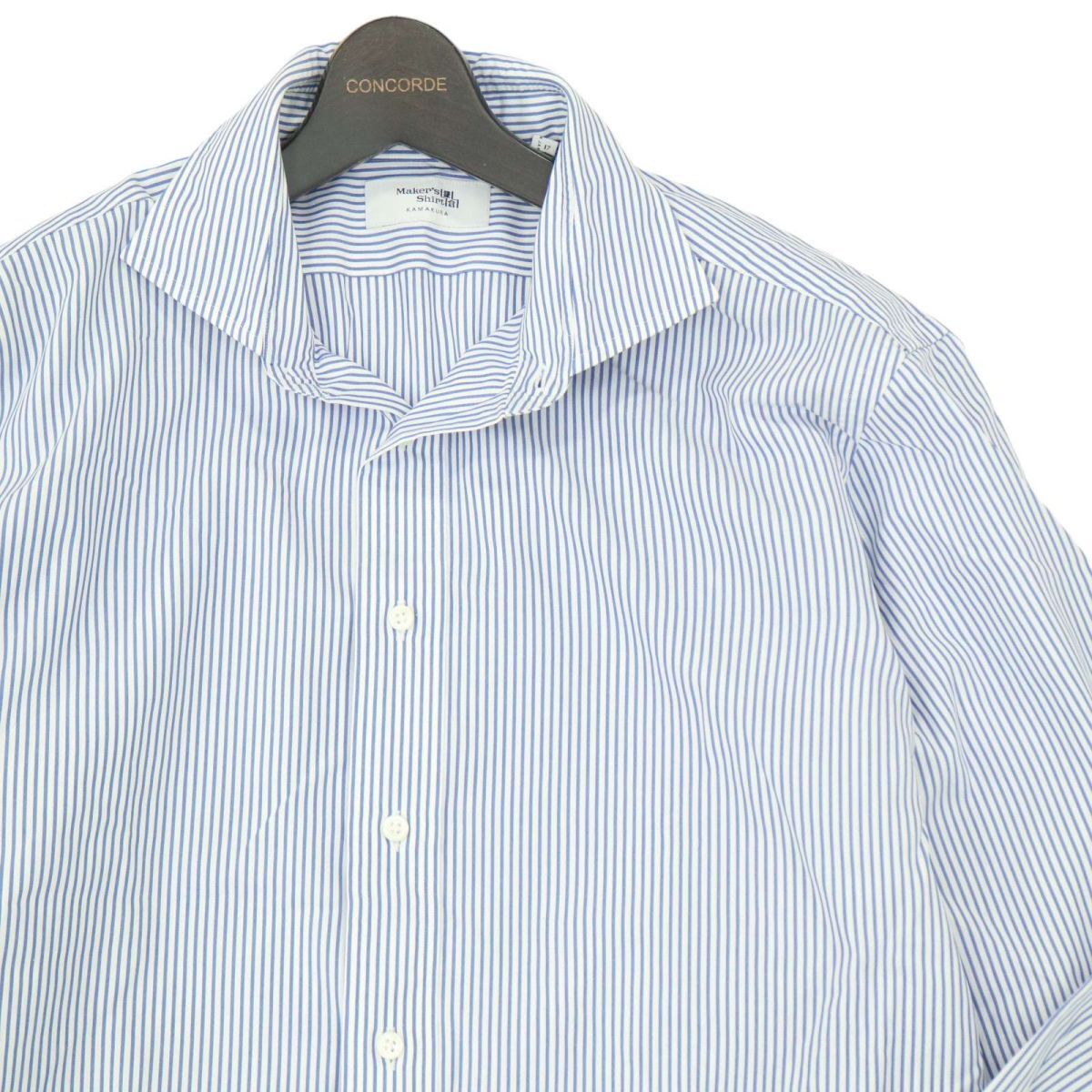 Maker's Shirt メーカーズシャツ 鎌倉 長袖 ホリゾンタルカラー★ ストライプ シャツ Sz.43/85 メンズ 紺 白 日本製 大きい A4T02632_3#Cの画像3