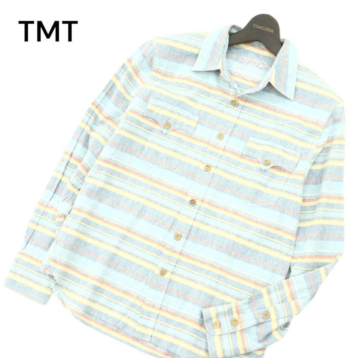 TMT ティーエムティー ビッグホリデー 春夏 麻 リネン&コットン★ ボーダー 長袖 ウエスタン シャツ Sz.S　メンズ 日本製　A4T02893_3#A_画像1