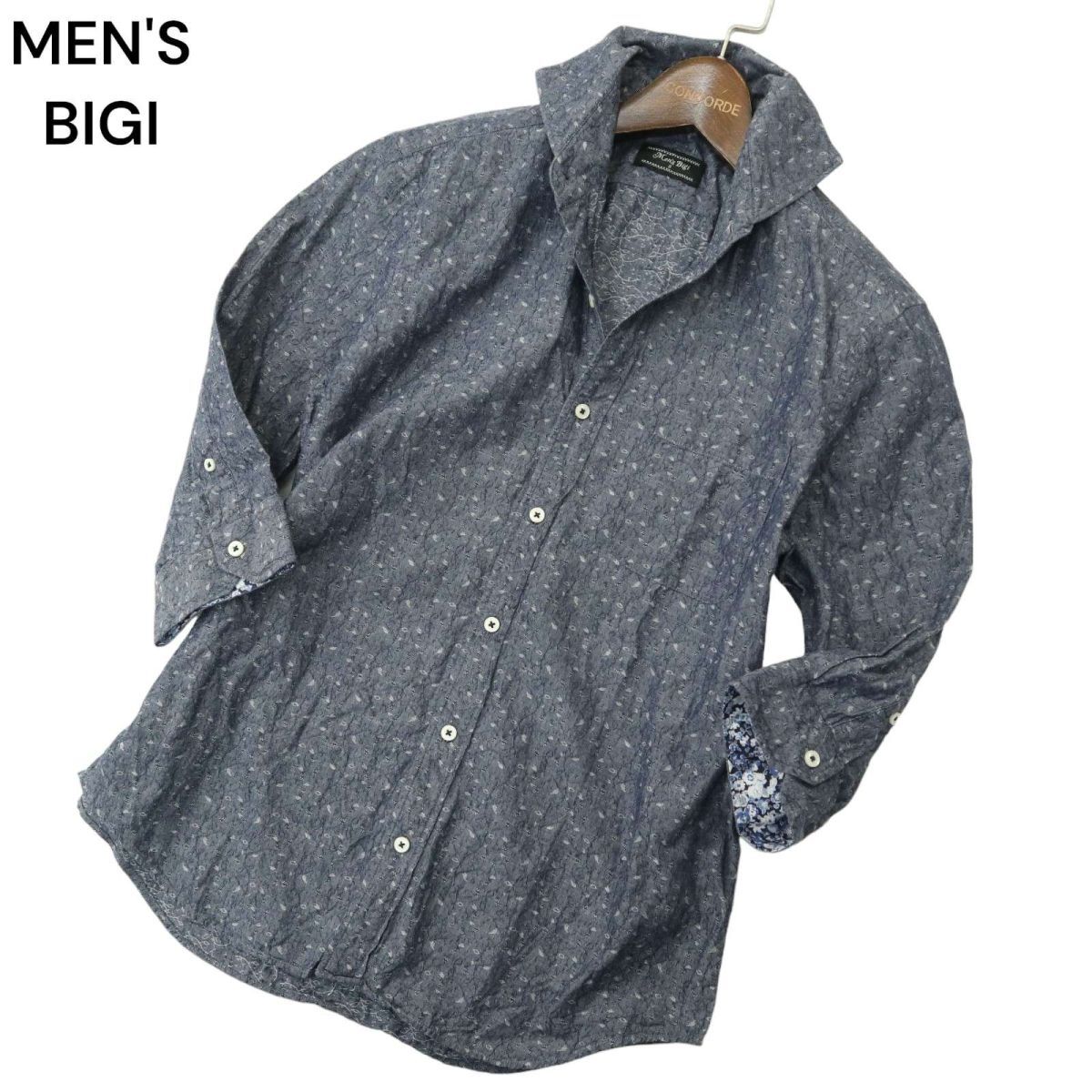 MEN'S BIGI メンズビギ 春夏 麻 リネン混★ リーフ総柄 7分袖 シャンブレー シャツ Sz.S　メンズ 日本製　A4T02599_3#A_画像1