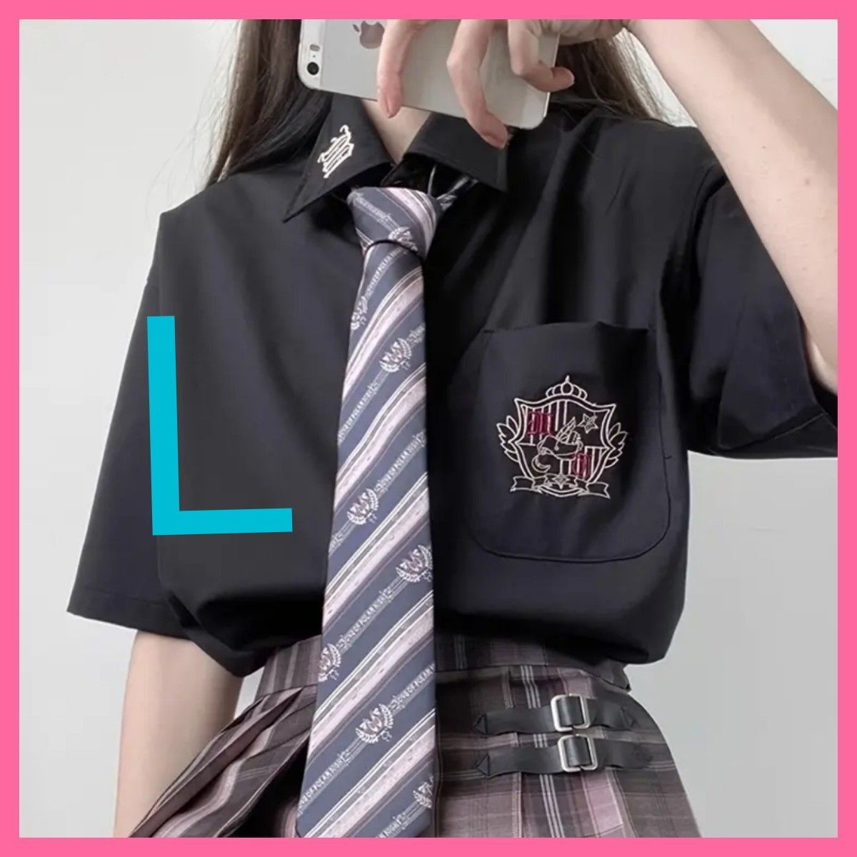 刺繍ポケットボタンフロントブラウス Ｌ ブラック 春夏のプレッピーなショートスリーブブラウス 制服 高校生 中学生 小学生