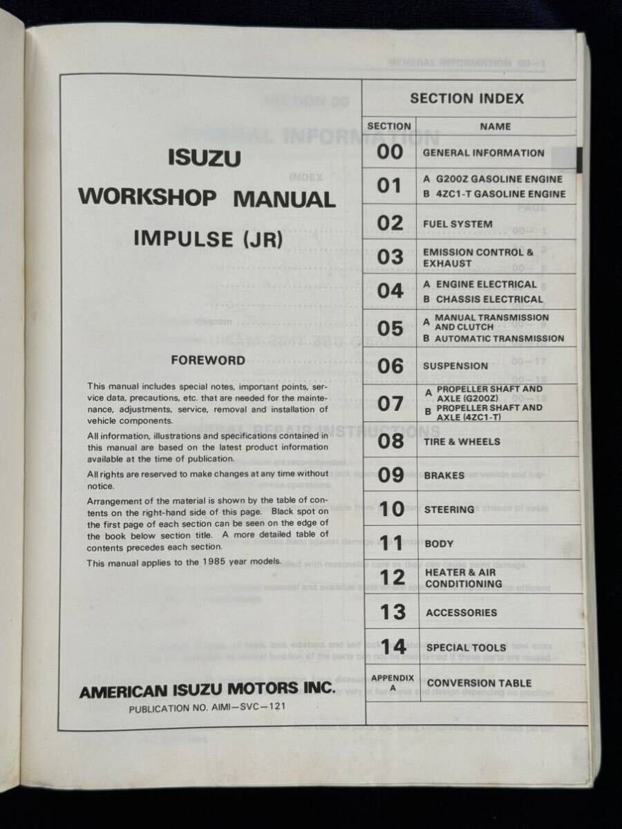 ISUZU IMPULSE (JR)1985 Workshop Manual アメリカ版 いすゞピアッツァ 整備書 JR130 JR120 の画像2