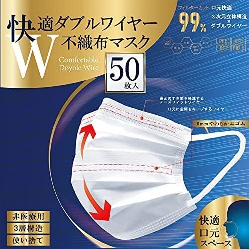 ヒロコーポレーション 快適ダブルワイヤー不織布マスク 50枚入×5個（合計250枚入り） ふつうサイズ ホワイト 3次元立体構造の画像3