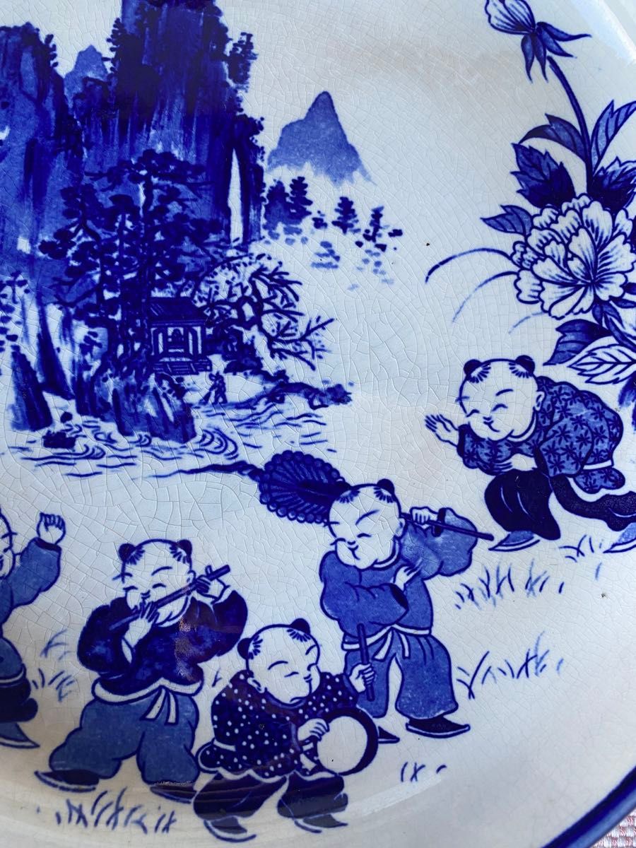 中国古玩　染付 古染付 青花 唐物 時代物　飾り皿 大皿 深皿 アンティーク 陶器サイズ約30cm