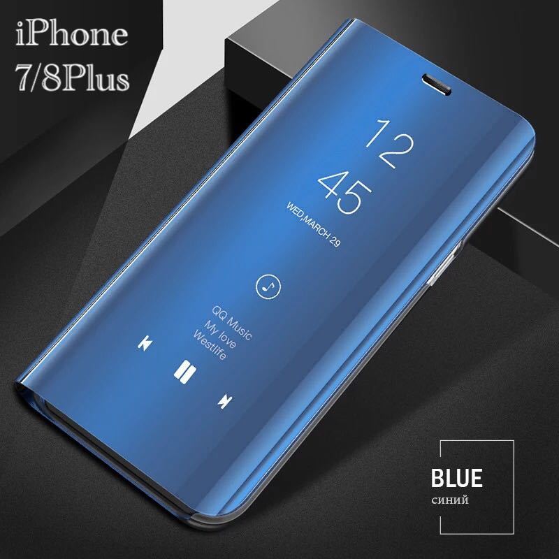 iPhone8Plus iPhone7Plus 手帳型ケース ミラーケース スマホケース スマホカバー 光沢 鏡面 反射 鏡面加工 液晶フィルム 付き ブルーの画像1
