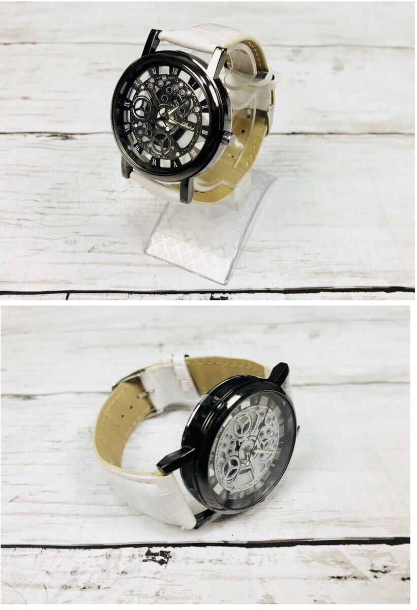 腕時計　時計 ギリシャ文字 レザー　革　アナログ メンズ クォーツ 高品質 レザーベルト ウォッチ　男女兼用　スケルトン ホワイト　2_画像3
