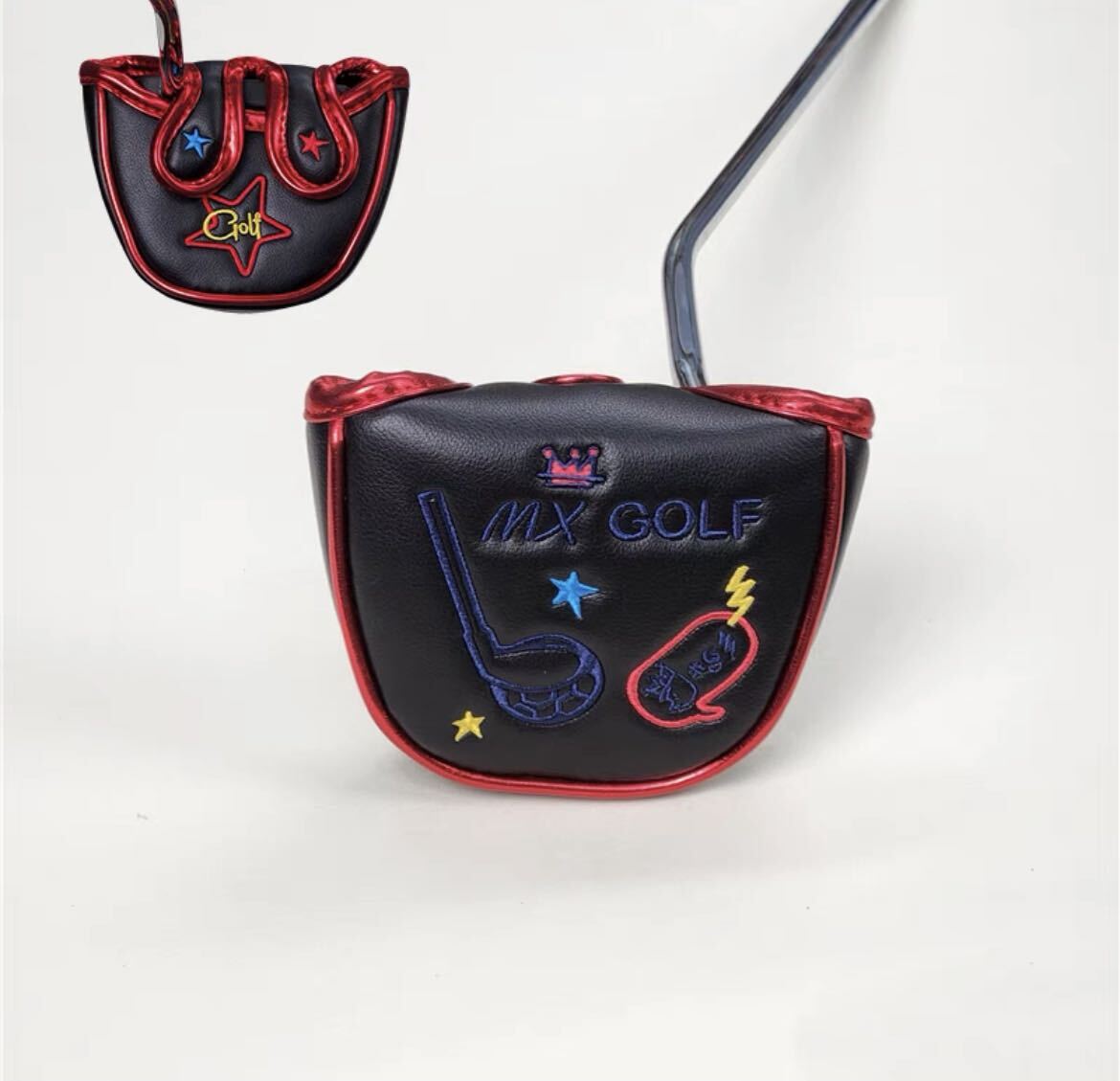 【新品 】韓国バージョンのMXgolfゴルフパターカバー高級PUレザー製マレット磁石開閉 センターシャフト適用黒色_画像2