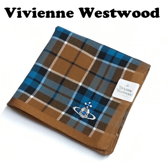 【Vivienne Westwood】(NO.3125）ヴィヴィアンウエストウッド ハンカチ 格子柄　黄土色系　未使用　48cm_画像1