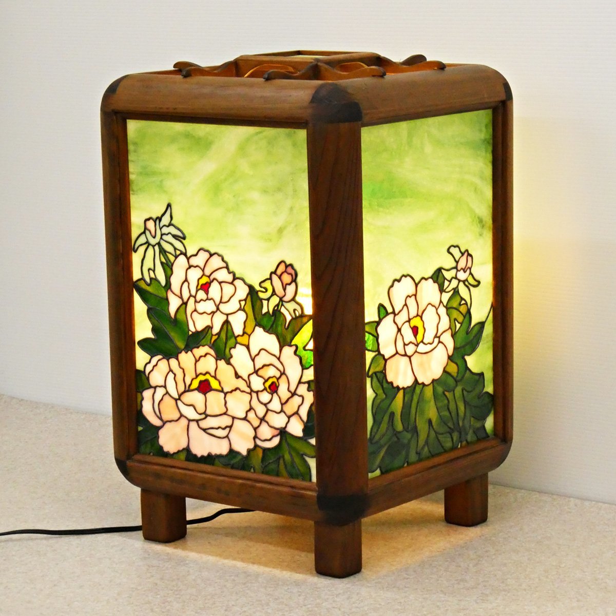 0 stained glass lamp with a paper shade desk light floral print wooden line light stand light Japanese style interior lighting night stand lamp height approximately 50cm