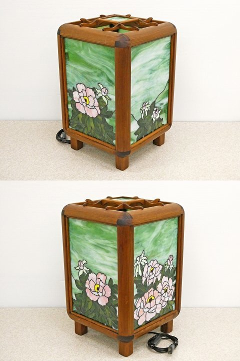 0 stained glass lamp with a paper shade desk light floral print wooden line light stand light Japanese style interior lighting night stand lamp height approximately 50cm