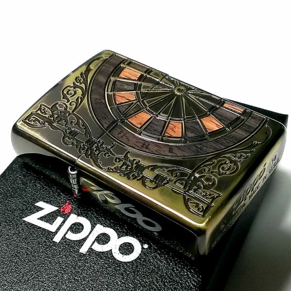 ZIPPO ライター おしゃれ ジッポ かっこいい アンティーク ダーツ 両面加工 ウッドインレイ 彫刻 木象嵌 真鍮イブシ ブラス_画像2