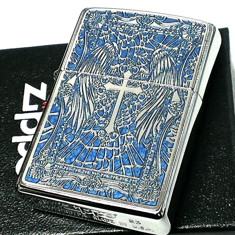 ZIPPO ライター エンジェルクロス ブルー ジッポロゴ 十字架 おしゃれ 天使の羽 かっこいい 両面柄違い加工 細密メタル おしゃれ ギフト