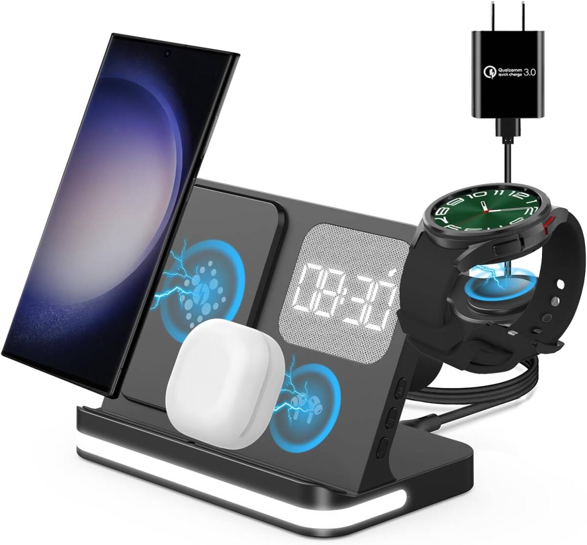 3in1 wireless charger eyes ... clock attaching Galaxy S24 ~ S7, Note 20 ~ 8, Galaxy watch 6/5/3/active2/active, Galaxy Buds black 