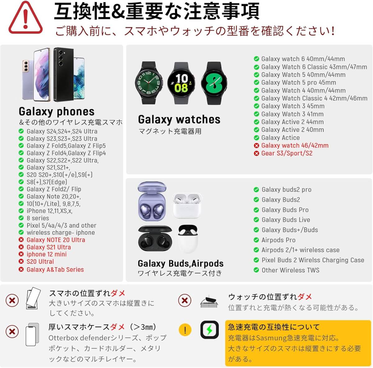 3in1 ワイヤレス充電器 目覚まし時計付き Galaxy S24 ~ S7, Note 20 ~ 8, Galaxy watch 6/5/3/active2/active, Galaxy Buds ブラック_画像5