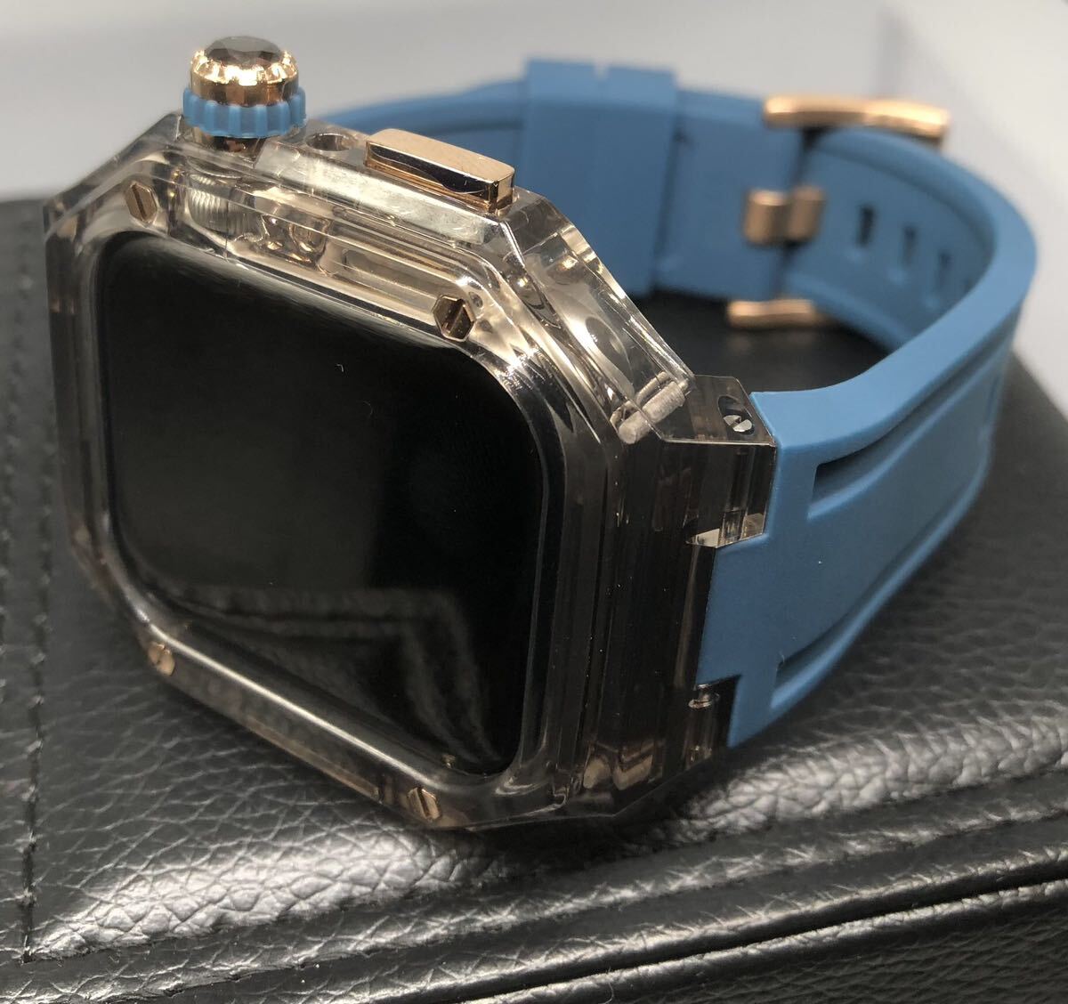 zc rg bクリア ネイビー★アップルウォッチバンド ラバーベルト カバー　Apple Watch クリア ケース 40mm 41mm 44mm 45mm 4ネジ_画像1