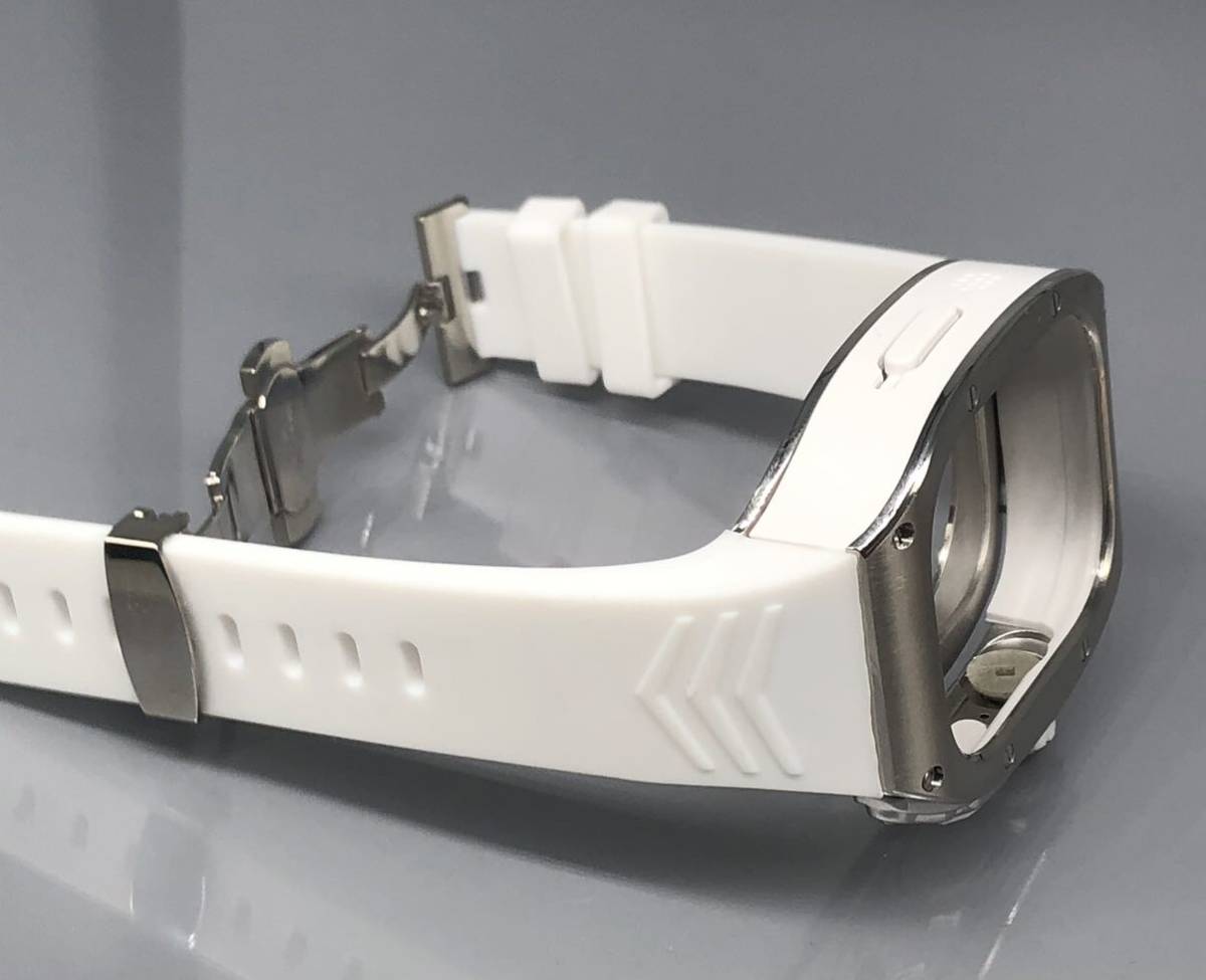 ホワイト シルバー  sh★アップルウォッチバンド ラバーベルト カバー ステンレス Apple Watch ケース 49mm ウルトラ ultra スポーツの画像5