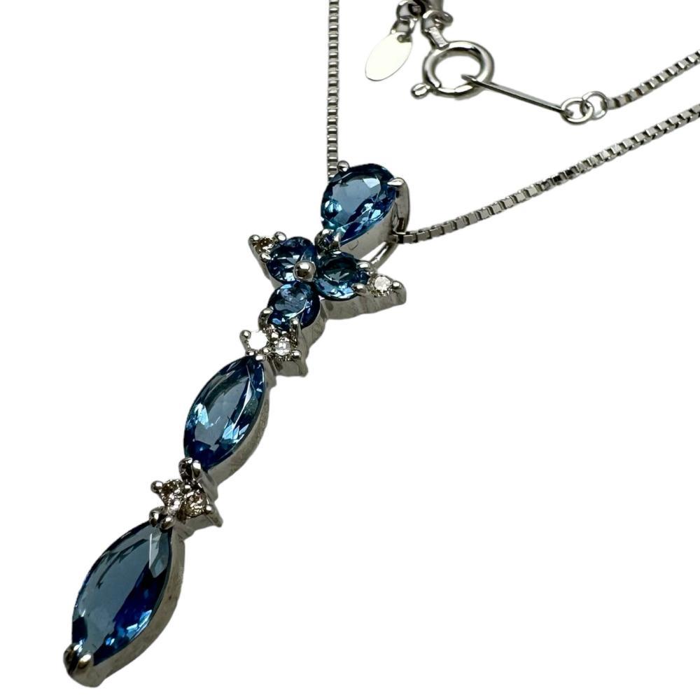 【感謝価格】 計0.07ct ダイヤモンド 計1.45ct アクアマリン ネックレス レディース 45cm 4.6g K18WGホワイトゴールド アクアマリン