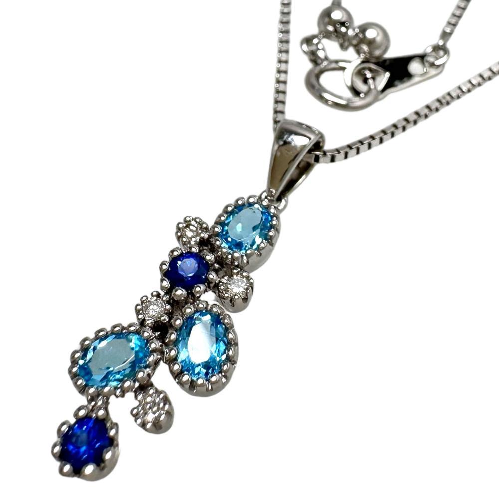 新品即決 ブルートパーズ 計0.63ct レディース 50cm 6.4g K18WGホワイトゴールド ネックレス 計0.07ct ダイヤモンド 計0.22ct サファイア トパーズ