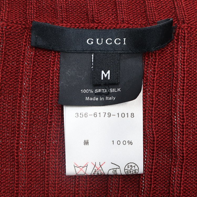 【1円/美品】グッチ GUCCI レディース シルク100％ ニット 長袖 リブ編み ラウンドネック セーター ハイゲージ 薄手 エンジ M トップス_画像4