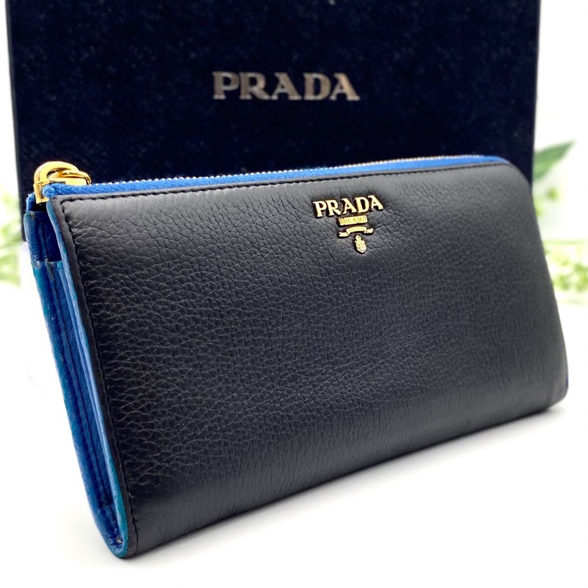 極美品 PRADA サフィアーノ L字ファスナー 長財布 プラダ 大人気 ブラック ブルー 系 本革 赤 _画像1