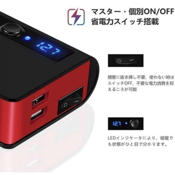 シガーソケット 180W USB 4 ポート 赤 車 充電 ヒューズ 安全 急速充電 USBポート カーチャージャー USB3.0 車載充電器 12-24V 分配器 3