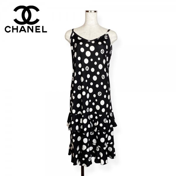 ★激レア/ヴィンテージ★ CHANEL シャネル ココマーク ドット フリル ワンピース ドレス ノースリーブ Sサイズ相当 ブラック フランス製_画像3