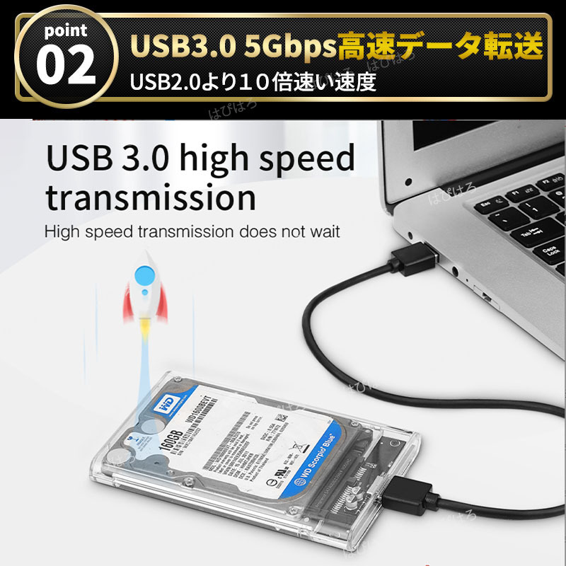 外付け 2.5インチ HDD SSD ケース USB3.0 クリア SATA ハードディスク 高速 データ転送 電源不要 USBケーブル ２個セット 5Gbps UASP対応の画像3