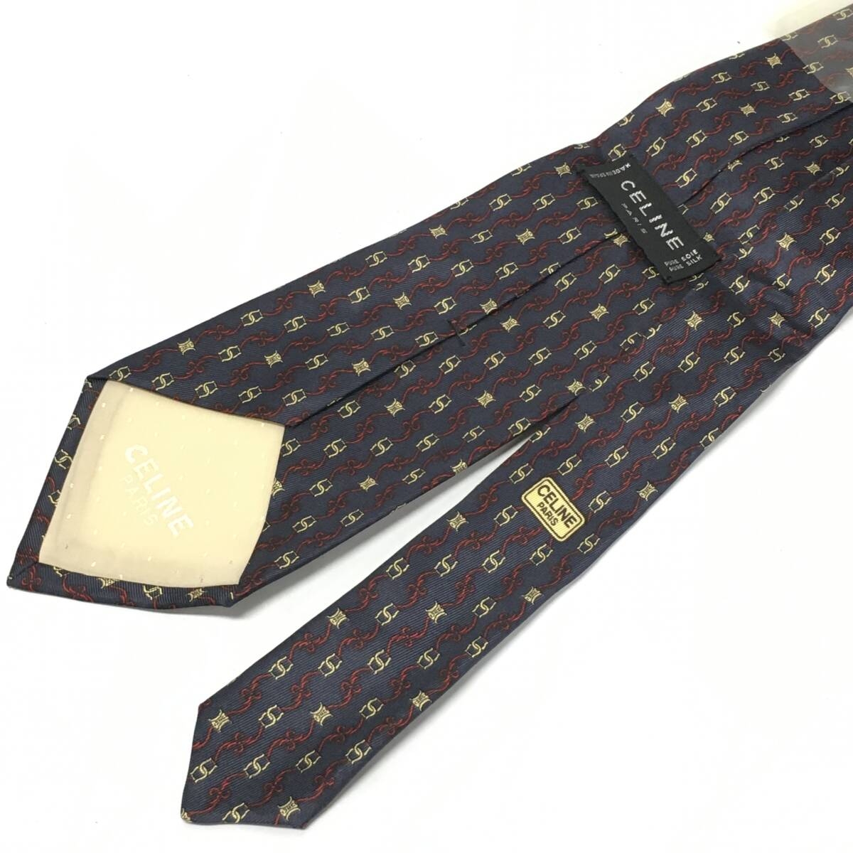 L241-79[ storage goods ] Celine necktie navy series 100% silk silk Macadam Trio n folding Vintage man men's suit small articles 