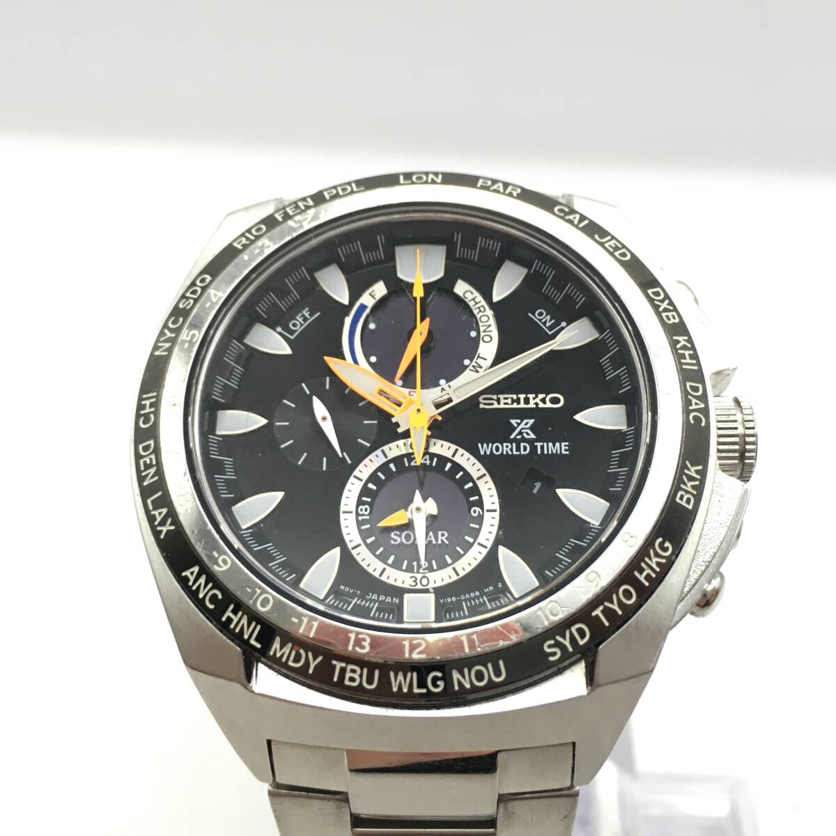 ○F12-96 SEIKO/セイコー ワールドタイム プロスペックス 3針 Date デイト メンズ ソーラー 腕時計 V195-0AB0 不動ジャンク品_画像3