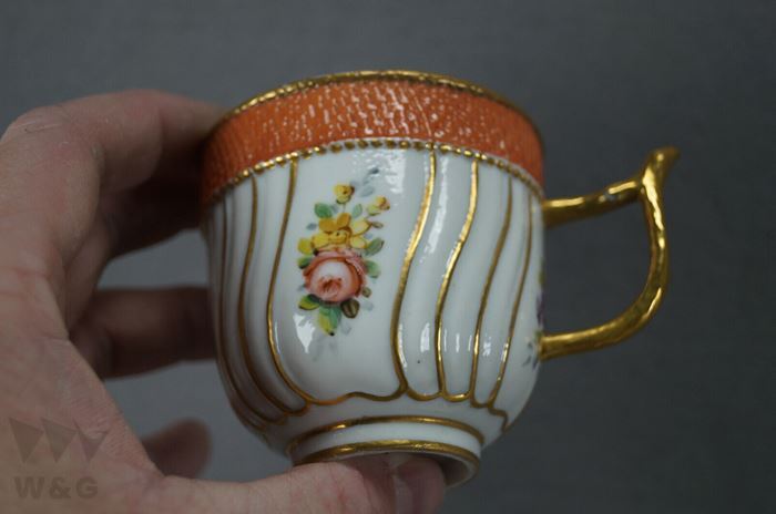 18世紀コントダルトワパリ手描き花柄オレンジ＆ゴールドコーヒーカップ_画像3
